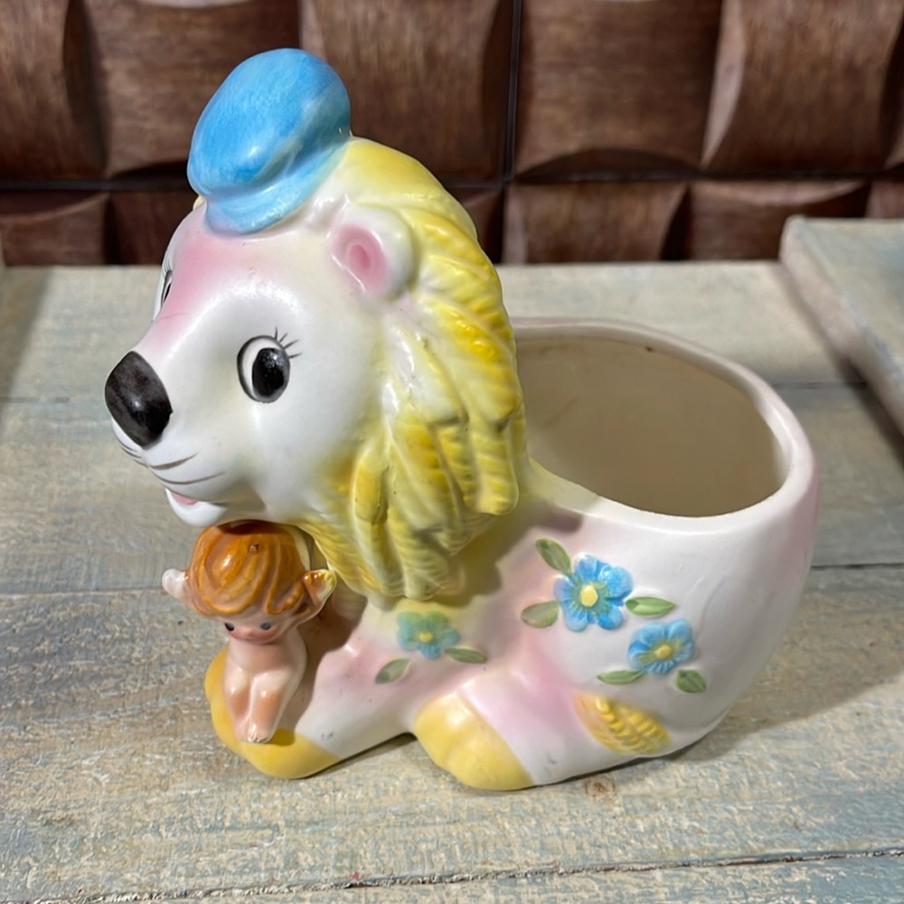 Vintage Napco Japan Ceramic Lion Planter with Blue and Yellow Accents